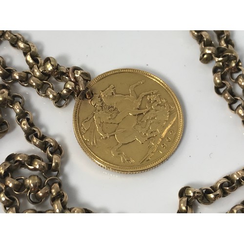 722 - 1902 SOVEREIGN (DRILLED) ON 9 CARAT GOLD NECKLACE APPROX. 16g GROSS