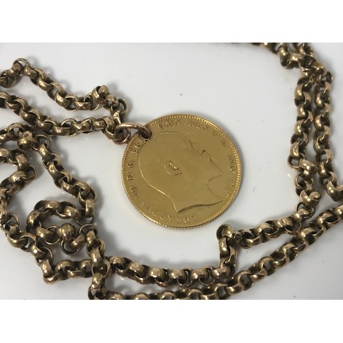 722 - 1902 SOVEREIGN (DRILLED) ON 9 CARAT GOLD NECKLACE APPROX. 16g GROSS