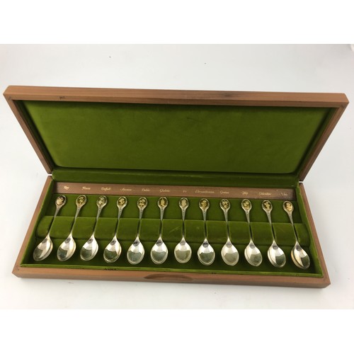 651 - SET OF 12 SILVER ROYAL HORTICULTURAL SOCIETY FLOWER SPOONS J PINCHES LTD IN PRESENTATION BOX