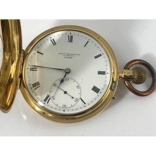 870 - CHAS. FRODSHAM, LONDON, GENTS 18ct GOLD HALF HUNTER POCKET WATCH, NUMBER 07028, ENAMELLED DIAL, ROMA... 