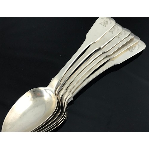 664 - A SET OF 6 GEORGIAN SILVER TABLE SPOONS, ANDREW WILKIE, EDINBURGH 1824, EACH BEARING A CREST AND 'TR... 