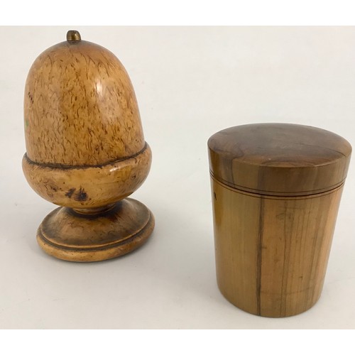 507 - TREEN ACORN STRING BOX AF TOGETHER WITH A TREEN BOX WITH GLASS BEAKER