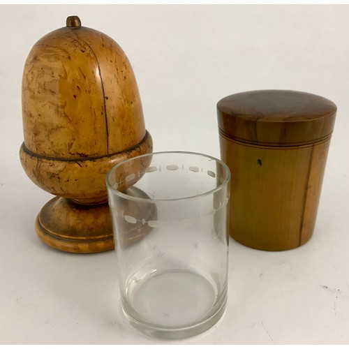 507 - TREEN ACORN STRING BOX AF TOGETHER WITH A TREEN BOX WITH GLASS BEAKER