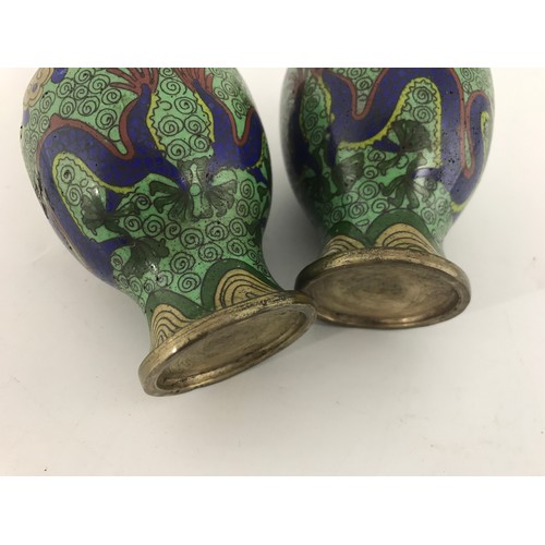 447 - PAIR OF OLD CLOISONNE VASES AF ON HARDWOOD STANDS each approx. 10.5 cm excluding stand