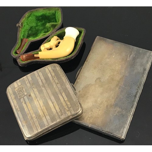 607 - 2 SILVER CIGARETTE CASES AND A MEERSCHAUM PIPE 336g