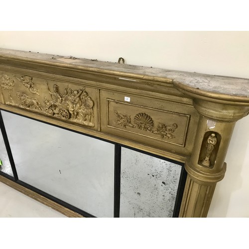 86 - IMPRESSIVE OVER MANTLE MIRROR DECORATED WITH CLASSICAL SCENES, APPEARS TO HAVE ORIGINAL PLATES, AF A... 