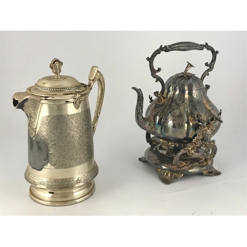 605 - VERY IMPRESSIVE SILVER PLATED SPIRIT KETTLE ON STAND TOGETHER WITH A LARGE PLATED COFFEE POT