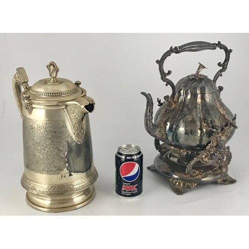 605 - VERY IMPRESSIVE SILVER PLATED SPIRIT KETTLE ON STAND TOGETHER WITH A LARGE PLATED COFFEE POT