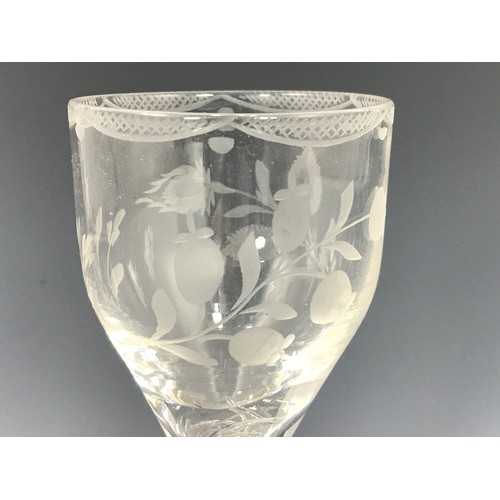 378 - GEORGIAN WINE GLASS WITH BUCKET BOWL, ETCHED RIM AND FLORAL DECORATION, AIR TWIST STEM, APPROX. 15 c... 