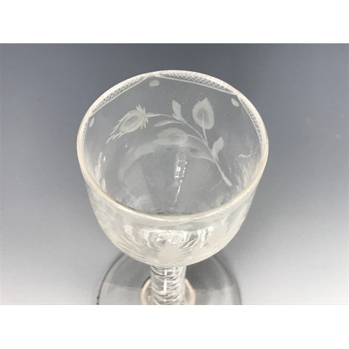 378 - GEORGIAN WINE GLASS WITH BUCKET BOWL, ETCHED RIM AND FLORAL DECORATION, AIR TWIST STEM, APPROX. 15 c... 