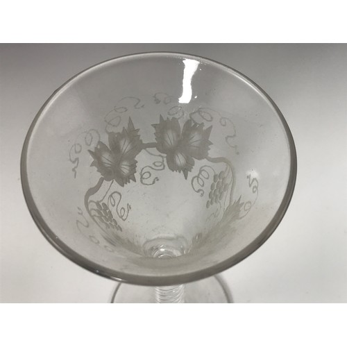 375 - PAIR OF GEORGIAN TRUMPET WINE GLASSES WITH AIR TWIST STEMS ENGRAVED GRAPE AND VINE DECORATION APPROX... 