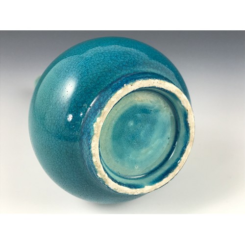 307 - CELADON TURQUOISE GLAZE TAPERED BOTTLE VASE, APPROX. 24 cm