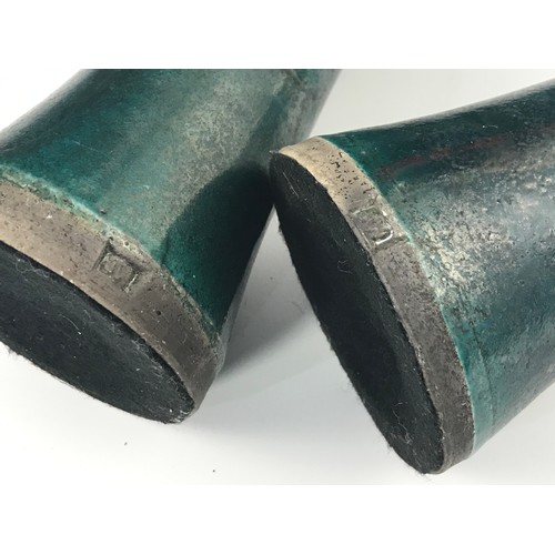 341 - PAIR OF UNUSUAL TAPERED GREEN GLAZED CANDLESTICKS WITH IMPRESSED JW SEAL MARKS (JOHN WARD??) TO BASE... 