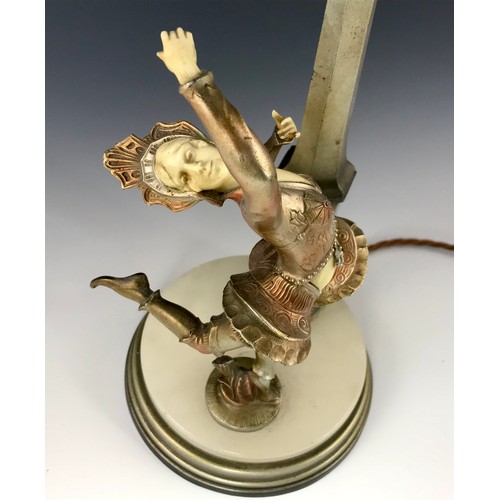 560 - ART DECO STYLE FIGURAL TABLE LAMP WITH GLASS SHADE AND DANCER IN THE MANNER OF CHIPARUS APPROX 54 cm... 