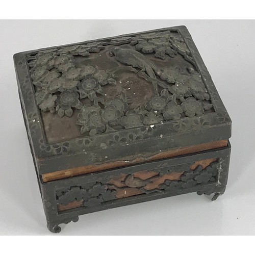 446 - ORIENTAL BOX WITH HINGED LID, PIERCED BIRD AND TREE BRANCH DECORATION