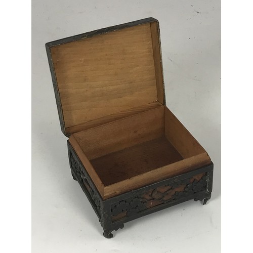 446 - ORIENTAL BOX WITH HINGED LID, PIERCED BIRD AND TREE BRANCH DECORATION