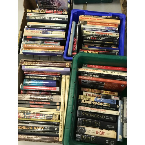 218 - 4 BOXES OF WAR BOOKS INCLUDING DETAILED BOOKS ON STALINGRAD, BERLIN, PARIS, THE WEHRMACHT, CIVIL WAR... 