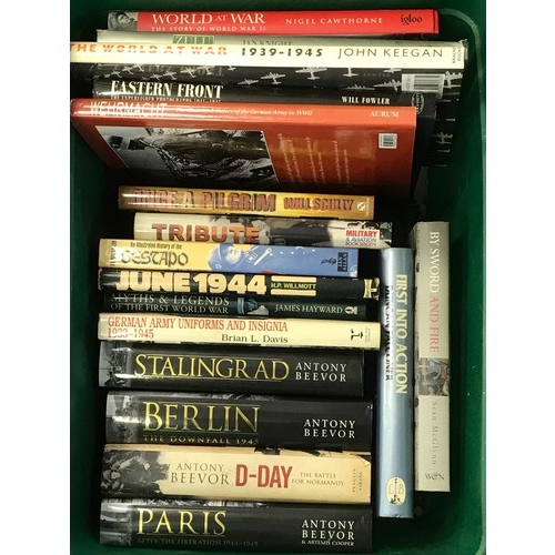 218 - 4 BOXES OF WAR BOOKS INCLUDING DETAILED BOOKS ON STALINGRAD, BERLIN, PARIS, THE WEHRMACHT, CIVIL WAR... 