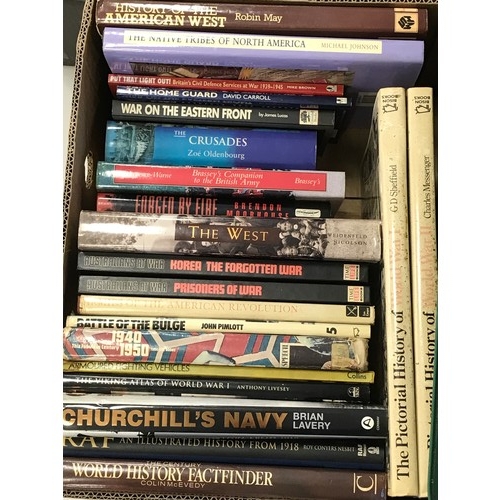 218 - 4 BOXES OF WAR BOOKS INCLUDING DETAILED BOOKS ON STALINGRAD, BERLIN, PARIS, THE WEHRMACHT, CIVIL WAR... 