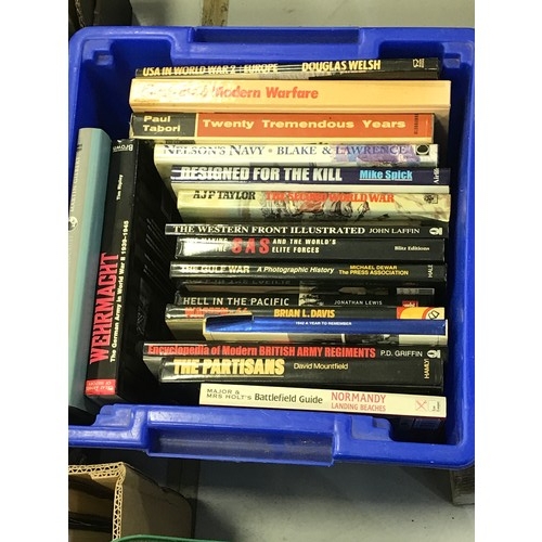 218 - 4 BOXES OF WAR BOOKS INCLUDING DETAILED BOOKS ON STALINGRAD, BERLIN, PARIS, THE WEHRMACHT, CIVIL WAR... 