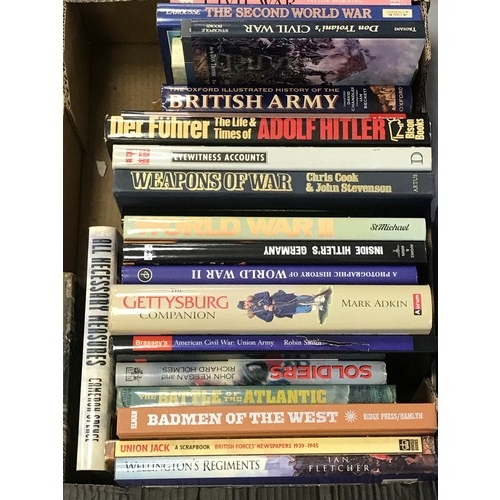 218 - 4 BOXES OF WAR BOOKS INCLUDING DETAILED BOOKS ON STALINGRAD, BERLIN, PARIS, THE WEHRMACHT, CIVIL WAR... 