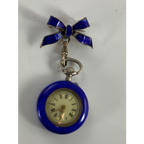 815 - LADIES GUILLOCHE ENAMELLED FOB WATCH INDISTINCTLY STAMPED TO CASE, POSSIBLY 375, WHITE GOLD? 27mm di... 