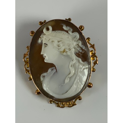 759 - 9CT GOLD AND CAMEO BROOCH, APPROX. 4 X 3.5 cm