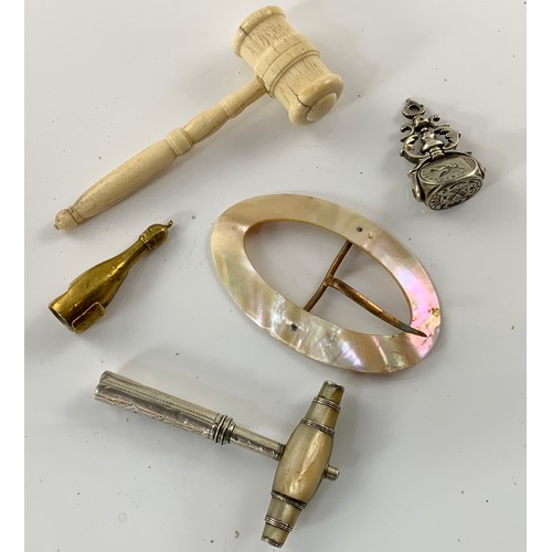 512 - MISC. ITEMS INC. IVORY GAVEL, MOTHER OF PEARL HANDLED CORKSCREW, NOVELTY BOTTLE SHAPED CIGAR CUTTER ... 