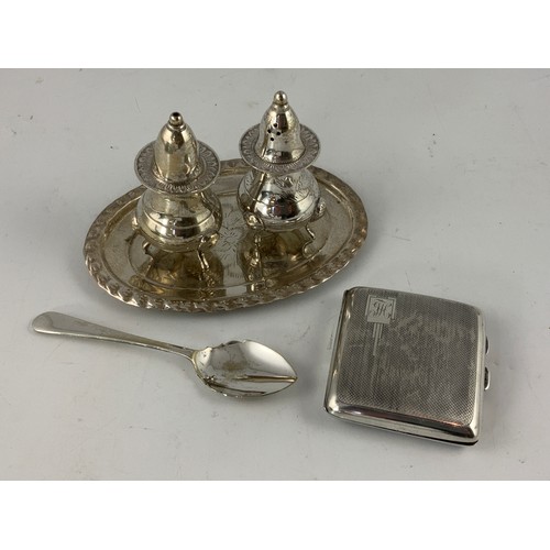 609 - SILVER CIGARETTE CASE APPROX. 79g TOGETHER WITH PLATED CRUET ETC.