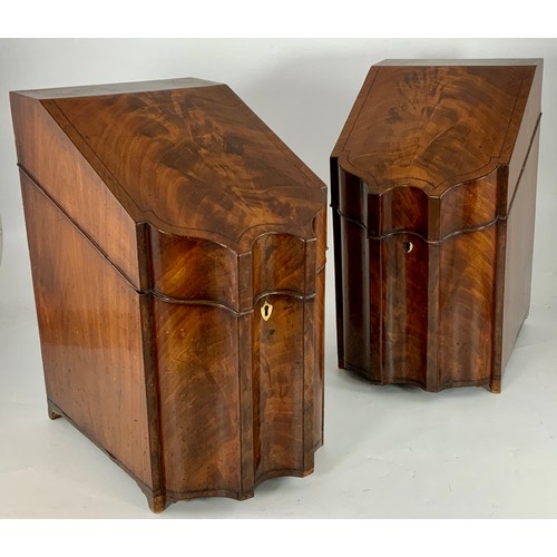 509 - PR. VERY GOOD QUALITY GEORGE III FLAME MAHOGANY KNIFE BOXES, EACH HAVING A FITTED INTERIOR AND HINGE... 