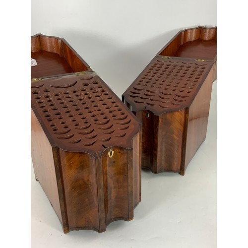 509 - PR. VERY GOOD QUALITY GEORGE III FLAME MAHOGANY KNIFE BOXES, EACH HAVING A FITTED INTERIOR AND HINGE... 