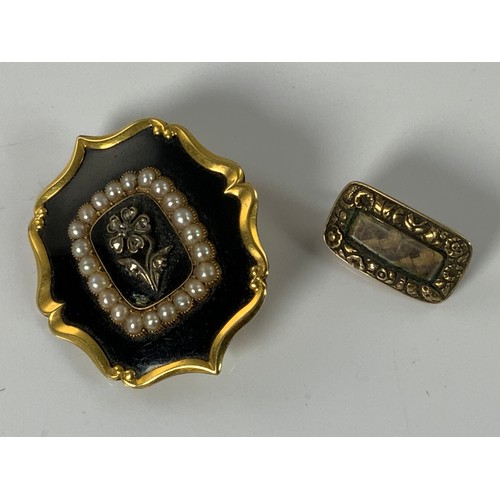 761 - VICTORIAN YELLOW METAL AND BLACK ENAMELLED MOURNING BROOCH WITH SEED PEARL DECORATION AND 1 OTHER YE... 