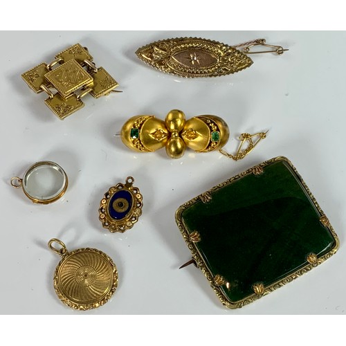 758 - VICTORIAN 9 CARAT GOLD BROOCH AND OTHER VARIOUS YELLOW METAL BROOCHES, LOCKETS ETC.