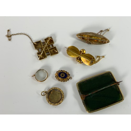 758 - VICTORIAN 9 CARAT GOLD BROOCH AND OTHER VARIOUS YELLOW METAL BROOCHES, LOCKETS ETC.