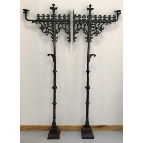 528 - PR. IMPRESSIVE HEAVY METAL, POSSIBLY BRONZE, LAMP STANDARDS/ CANDLE STANDARDS OF GOTHIC DESIGN, PROB... 