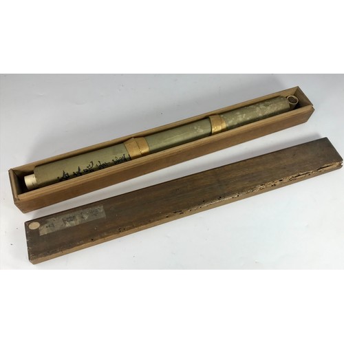 57 - CHINESE SCROLL IN FITTED WOODEN BOX, panel approx. 115 x 49.5 cm