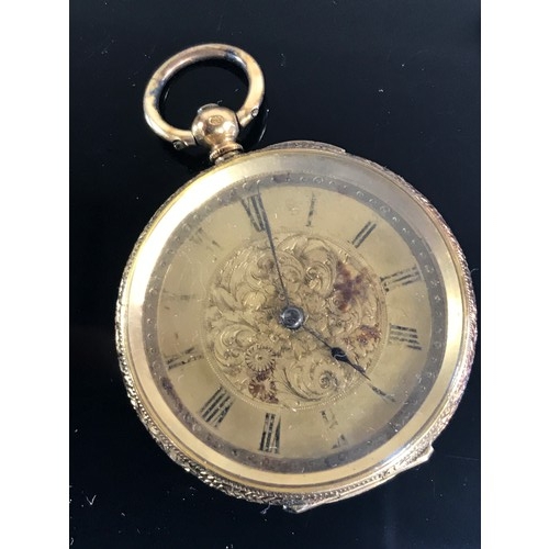 842 - LADIES POCKET WATCH WITH ENGRAVED GOLD CASE STAMPED 18k, ENGRAVED DIA, APPROX. 38 mm dia. 34.5G gros... 