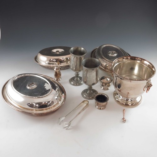 3290 - MISC. PLATED WARE INCLUDING ICE BUCKET, ENTRÉE DISHES, CRUET SET, 3 LARGE GALLERIED TRAYS AND PEWTER... 