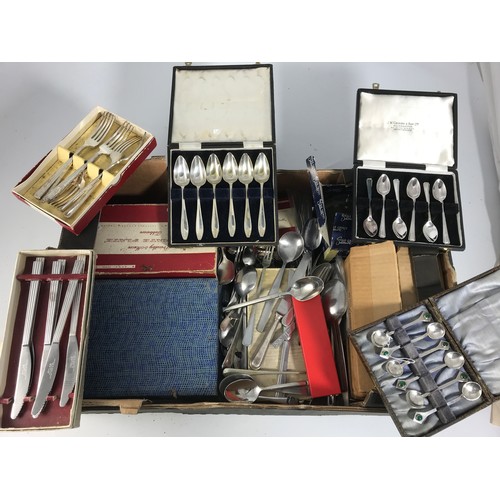 3305 - LARGE BOX OF MISC. PLATED FLATWARE ETC. MOSTLY BOXED