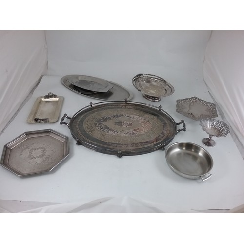 3304 - BOX OF SILVER PLATED TRAYS AND DISHES INCLUDING A LARGE GALLERIED OVAL TRAY