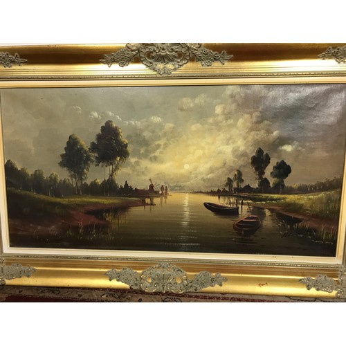 3004 - OIL ON CANVAS DEPICTING A RIVER SCENE WITH PUNTS AND WINDMILL