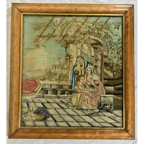 3017 - RELIGIOUS STUMP WORK PICTURE IN MAPLE FRAME, approx. 46 x 50 cm