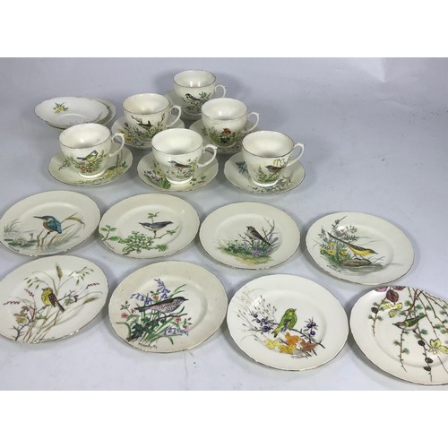 1639 - MISC. HAND PAINTED TEA WARE M HODGETTS PAINTED WITH BIRDS AND FLOWERS