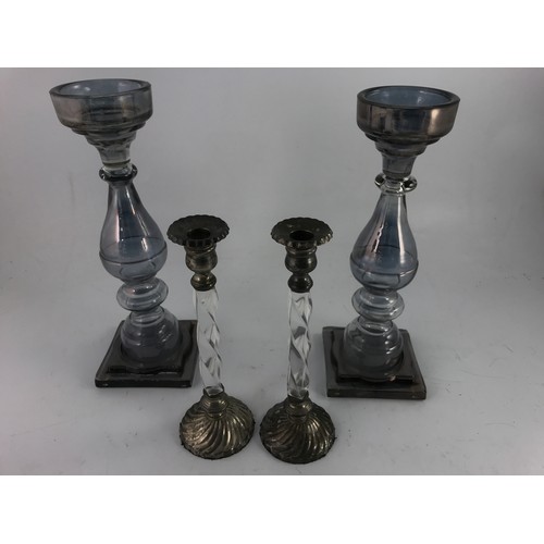 1757 - 2 PAIRS OF GLASS CANDLESTICKS