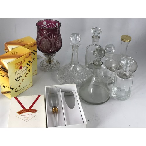 1756 - MISC. GLASSWARE INCLUDING DECANTERS, CHAMPAGNE FLUTES ETC GLASS TABLE LAMP WITH CUT GLASS CRANBERRY ... 