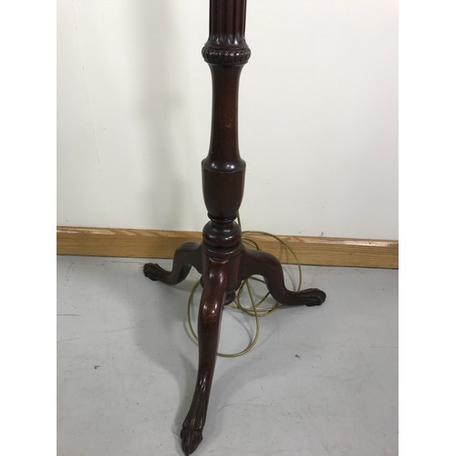 1214 - FLUTED LAMP STANDARD, POSSIBLY A CONVERTED TORCHERE, WITH TRIPOD BASE AND BALL AND CLAW FEET