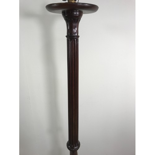 1214 - FLUTED LAMP STANDARD, POSSIBLY A CONVERTED TORCHERE, WITH TRIPOD BASE AND BALL AND CLAW FEET