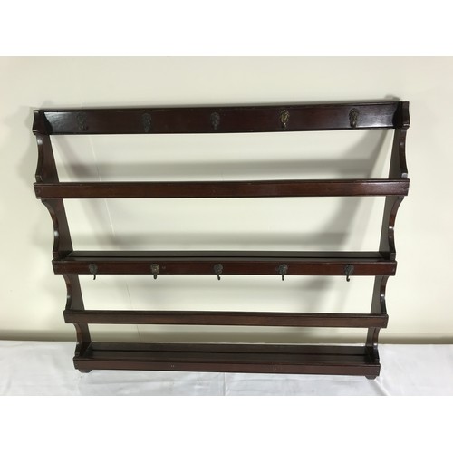 1304 - SET OF ANTIQUE MAHOGANY PLATE SHELVES APPROX. 84 cms WITH GOOD QUALITY BRASS HOOKS