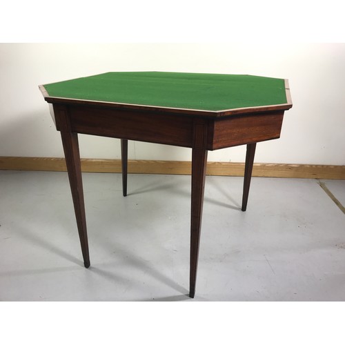 1156 - GEORGIAN INLAID AND CROSS BANDED MAHOGANY OCTAGONAL CARD TABLE ON SQUARE TAPERED LEGS