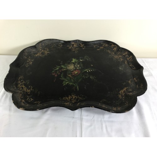 1158 - VICTORIAN PAPIER MACHE TRAY MISSING ITS STAND HAVING FLORAL AND GILT DECORATION, APPROX. 79 X 59 cms